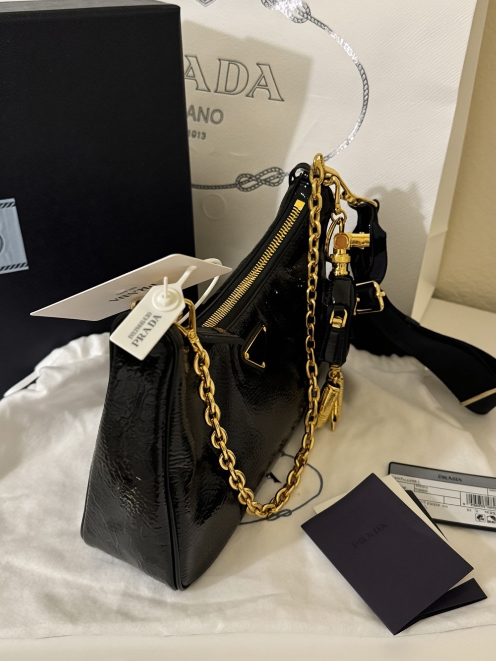 Prada Black Patent Leather Shoulder Bag with Gold Chain Strap - Picture 7 of 7